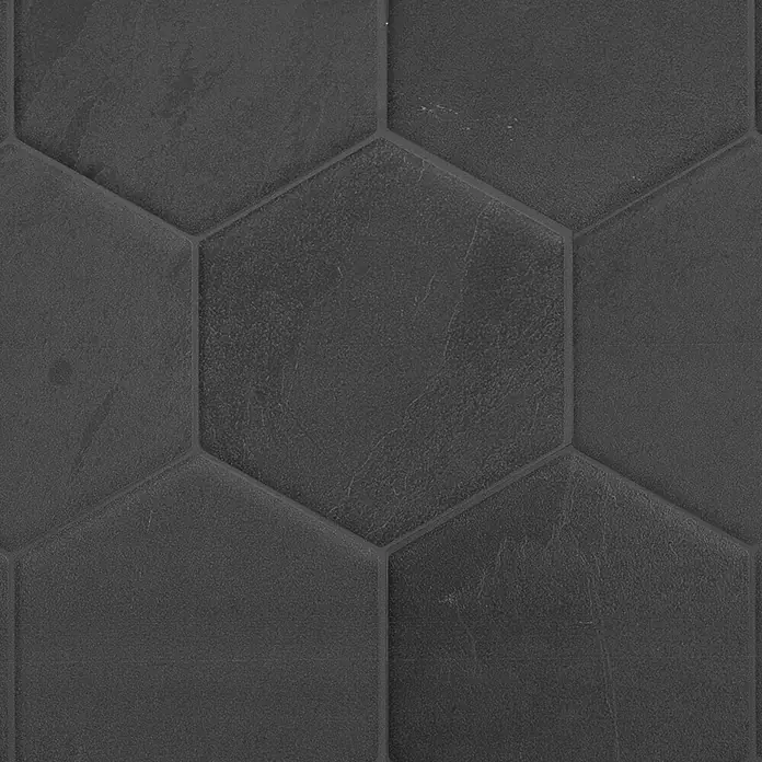Smart Tiles Selbstklebemosaik Hexa - 24,78 x 23,75 cm, Walton, Matt - Dunkelgraue, sechseckige Fliesen mit strukturierter Oberfläche.