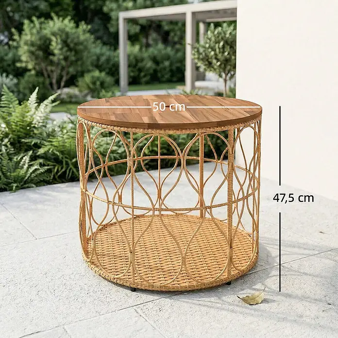 Outsunny Garten-Loungetisch - L x B x H: 50 x 50 x 47,5 cm, Ø x H: 50 x 47,5 cm, Akazienholz, PE Rattan, Stahl, Teak