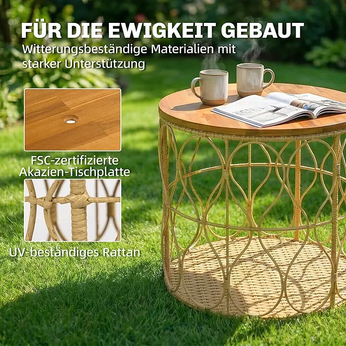 Outsunny Garten-Loungetisch - L x B x H: 50 x 50 x 47,5 cm, Ø x H: 50 x 47,5 cm, Akazienholz, PE Rattan, Stahl, Teak