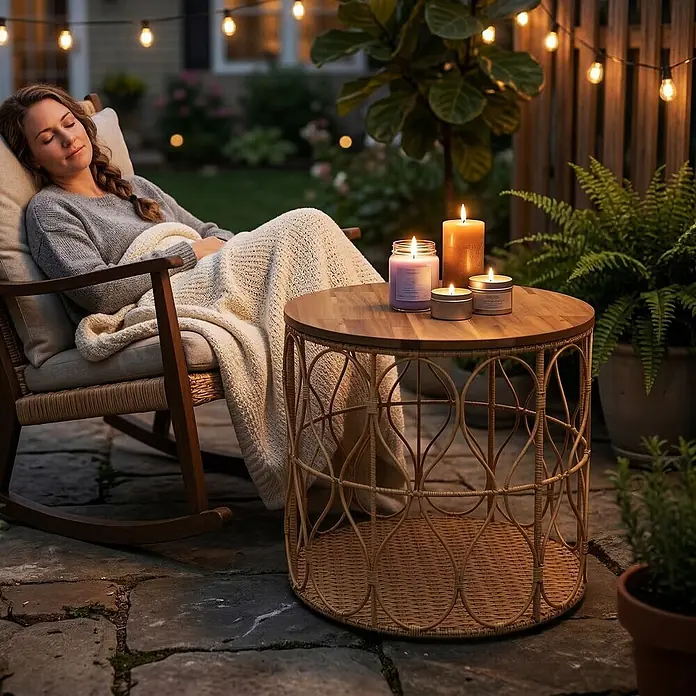 Outsunny Garten-Loungetisch - L x B x H: 50 x 50 x 47,5 cm, Ø x H: 50 x 47,5 cm, Akazienholz, PE Rattan, Stahl, Teak