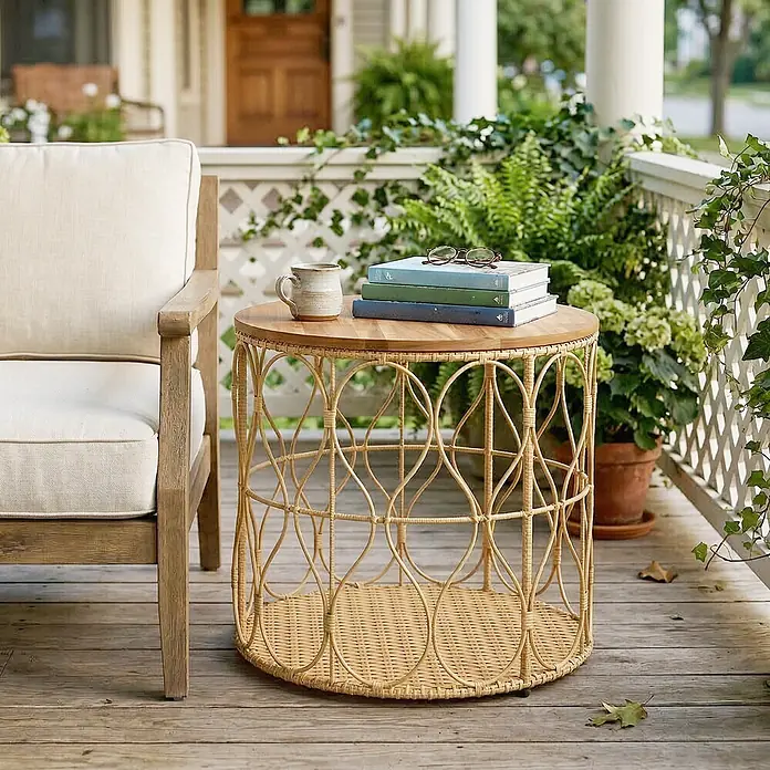 Outsunny Garten-Loungetisch - L x B x H: 50 x 50 x 47,5 cm, Ø x H: 50 x 47,5 cm, Akazienholz, PE Rattan, Stahl, Teak