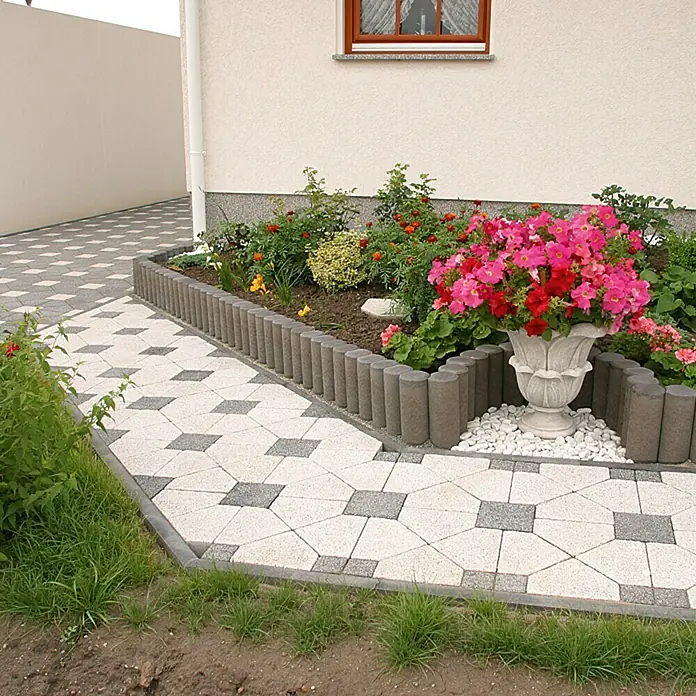 EHL Verbundpalisade - Ø x H: 10 x 25 cm, Anthrazit, Beton - Ein dekorativer Gartenweg mit hellen Pflastersteinen, eingefasst von grauen Rollbordsteinen und üppigen Blumenbeeten.
