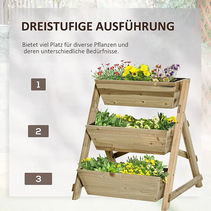 Outsunny Hochbeet Pflanzentreppe - 71 x 61 x 77 cm, Holz, Naturholz