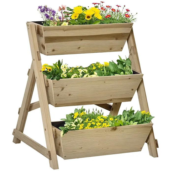 Outsunny Hochbeet Pflanzentreppe - 71 x 61 x 77 cm, Holz, Naturholz