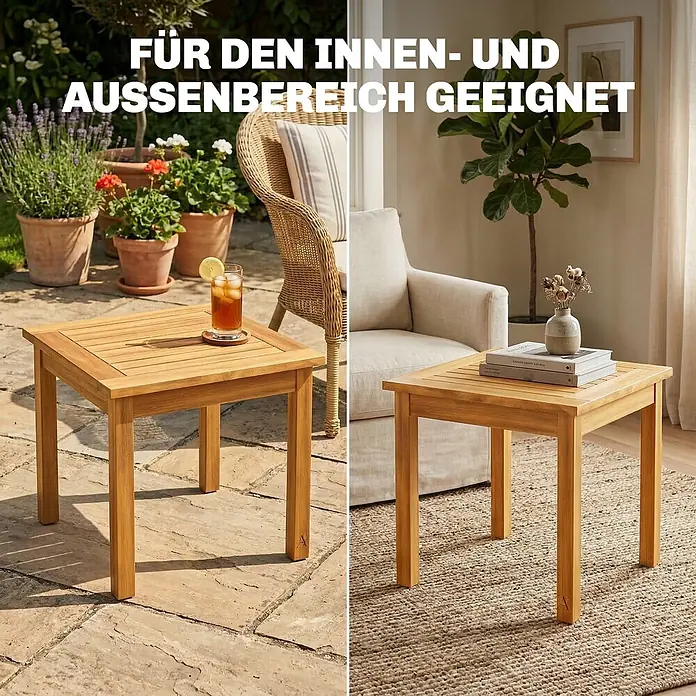 Outsunny Garten-Beistelltisch - L x B x H: 48 x 48 x 46 cm, Akazienholz, Viereckig, Naturholz - Quadratischer Beistelltisch aus hellem Holz, vielseitig für drinnen und draußen nutzbar.