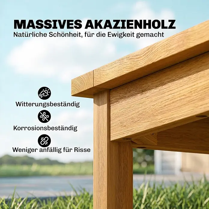 Outsunny Garten-Beistelltisch - L x B x H: 48 x 48 x 46 cm, Akazienholz, Viereckig, Naturholz - Detailaufnahme eines Teils eines Gartentisches aus massivem Akazienholz, der wetter- und korrosionsbeständig ist und weniger anfällig für Risse.