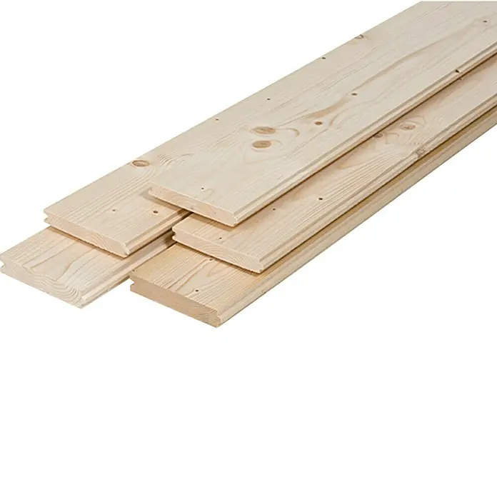 Rauhspund - 3.000 x 115 x 19 mm, Fichte/Tanne - Helle Holzpaneele mit Nut und Feder, ideal für Wand- und Deckenverkleidungen, zeigen natürliche Maserung und Astlöcher.