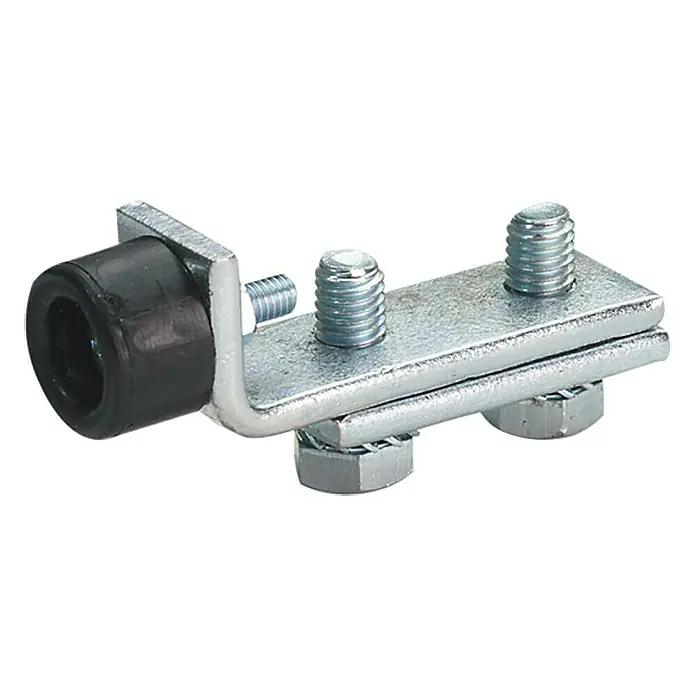 HBS Betz Schienenstopper Typ 40 - Stahl, Länge: 6,9 cm - Nahaufnahme eines Türstoppers mit schwarzem Gummipuffer und verzinkter Metallhalterung. Ideal zum Schutz von Wänden und Möbeln.
