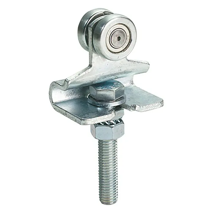 HBS Betz Rollapparat Typ 40 - Einpaarig, Traglast: 100 kg, Länge: 134 mm - Nahaufnahme eines Türrollenaufhängers aus Metall mit einer Gewindestange zur Befestigung.