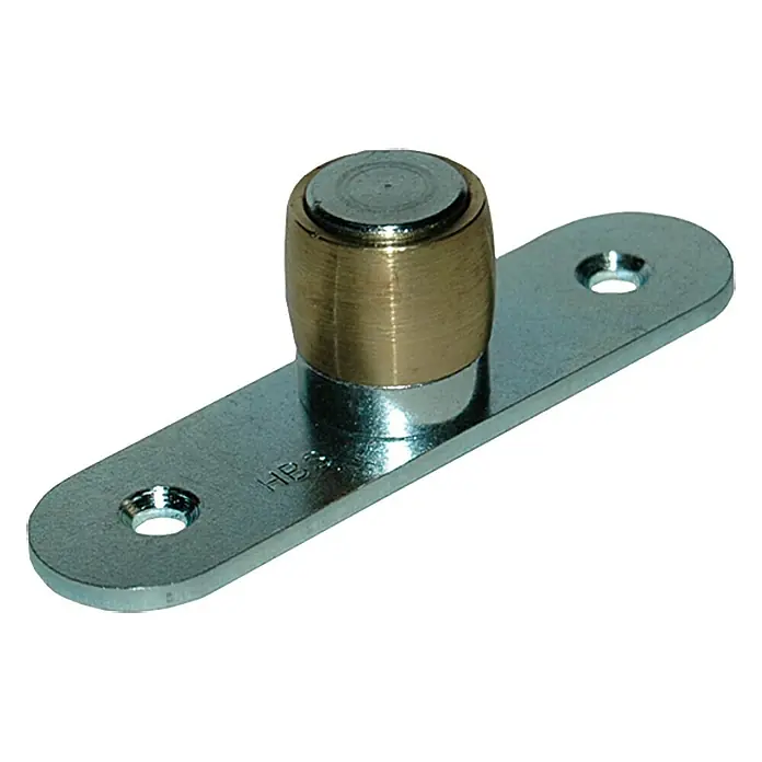 HBS Betz Führungsrolle Typ 30 und 40 - Stahl, 110 x 35 x 31 mm, Traglast: 400 kg - Nahaufnahme eines Türrollenführungsbeschlags mit einer goldenen Rolle und einer silbernen Montageplatte mit Befestigungslöchern.