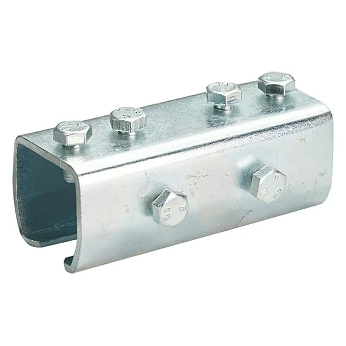 HBS Betz Verbindungsmuffe Typ 10 - Stahl, Länge: 80 mm - Ein silberfarbener Kanalverbinder mit sechs Sechskantschrauben.