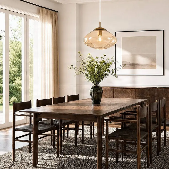 Lindby Pendelleuchte Lelia - creme / amber, amber, messing, E27 - Bernstein-Glas-Pendelleuchte mit Messingfassung, beleuchtet einen Esstisch in einem modernen Esszimmer.