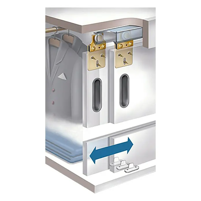 HBS Betz Schrankschiebetürbeschlag - Länge: 150 cm, Traglast: 28 kg - Schrank mit Schiebetüren. Diese Illustration zeigt einen Schrank mit Schiebetüren, die sich auf einer Schiene bewegen lassen.