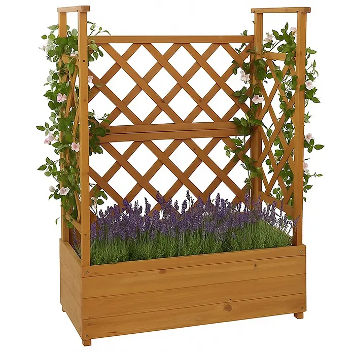 Hochbeet | HxBxT 114x85x44cm | Pflanz-/Blumenkasten Pflanzkübel Rankgitter Rankhilfe Spalier Holz FSC® | Natur -  - Brauner Holz-Pflanzkasten mit Rankgitter, gefüllt mit Lavendel und Kletterpflanzen mit rosa Blüten.