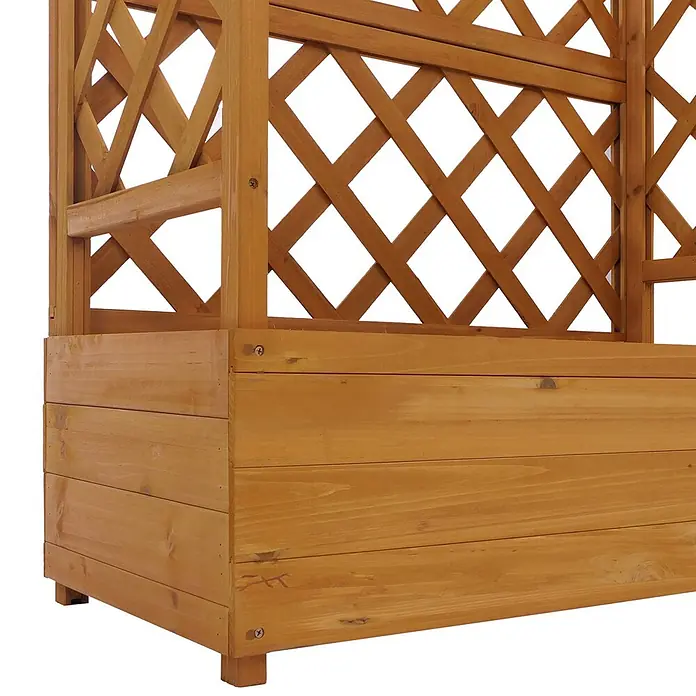Hochbeet | HxBxT 114x85x44cm | Pflanz-/Blumenkasten Pflanzkübel Rankgitter Rankhilfe Spalier Holz FSC® | Natur -  - Hellbrauner Holz-Pflanzkasten mit Spalier.