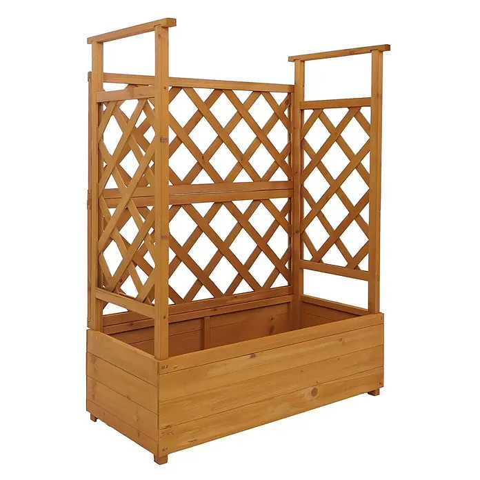 Hochbeet | HxBxT 114x85x44cm | Pflanz-/Blumenkasten Pflanzkübel Rankgitter Rankhilfe Spalier Holz FSC® | Natur -  - Hellbrauner Pflanzkasten aus Holz mit integriertem Rankgitter für Kletterpflanzen.