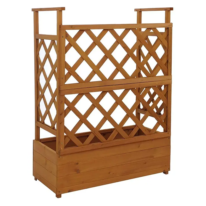 Hochbeet | HxBxT 114x85x44cm | Pflanz-/Blumenkasten Pflanzkübel Rankgitter Rankhilfe Spalier Holz FSC® | Natur -  - Braunes Holz-Pflanzgefäß mit integriertem Rankgitter für Kletterpflanzen.
