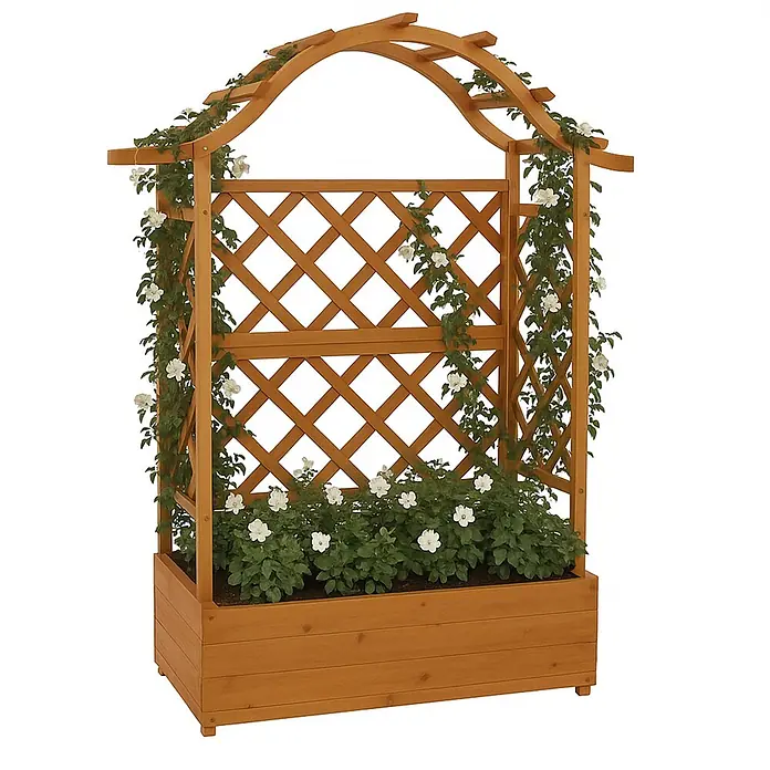 Hochbeet | HxBxT 138x110x44cm | Pflanz-/Blumenkasten | Natur | Pflanzkübel Rankgitter Rankhilfe Spalier Holz FSC® -  - Hölzerner Gartenpflanzkasten mit integriertem Rankgitterbogen und weißen Kletterpflanzen.