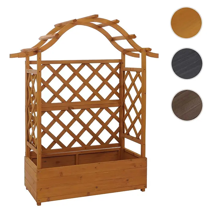 Hochbeet | HxBxT 138x110x44cm | Pflanz-/Blumenkasten | Anthrazit-Grau | Pflanzkübel Rankgitter Rankhilfe Spalier Holz FSC® -  - Hölzerner Gartenpflanzkasten mit Spalier und Bogen in Hellbraun, mit Farbfeldern für Dunkelgrau und Dunkelbraun Holzoptionen.