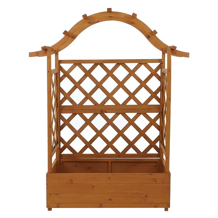 Hochbeet | HxBxT 138x110x44cm | Pflanz-/Blumenkasten | Natur | Pflanzkübel Rankgitter Rankhilfe Spalier Holz FSC® -  - Brauner Holzpflanzkasten mit integriertem Spalier und Bogenaufsatz für Kletterpflanzen.