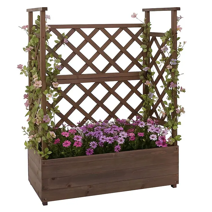 Hochbeet | HxBxT 114x85x44cm | Pflanz-/Blumenkasten Pflanzkübel Rankgitter Rankhilfe Spalier Holz FSC® | Braun -  - Dunkelbrauner Holzpflanzkasten mit Rautenrankgitter, verziert mit lila und rosa Blumen.