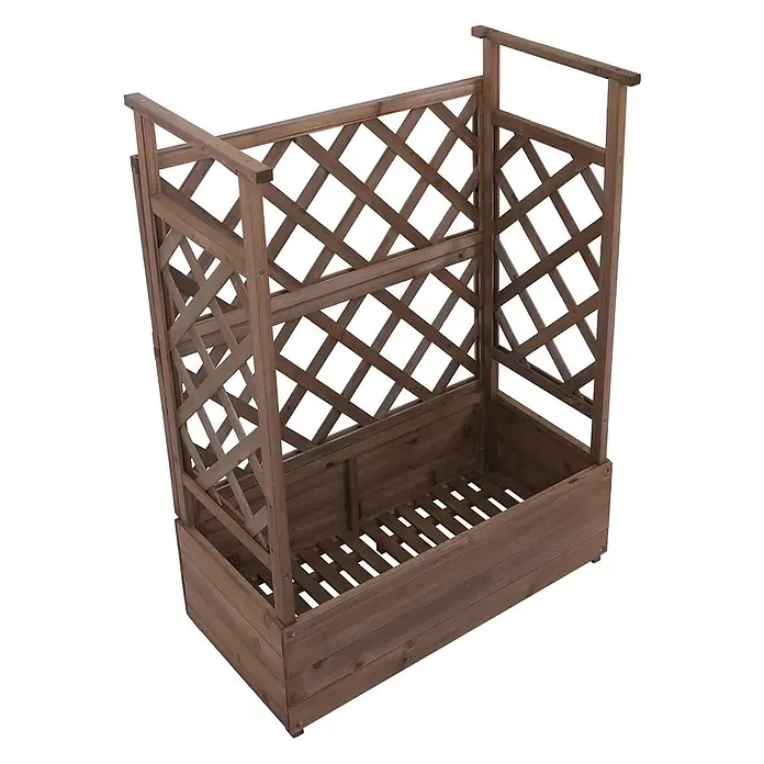Hochbeet | HxBxT 114x85x44cm | Pflanz-/Blumenkasten Pflanzkübel Rankgitter Rankhilfe Spalier Holz FSC® | Braun -  - Braunes Hochbeet aus Holz mit integriertem Rankgitter für Kletterpflanzen.
