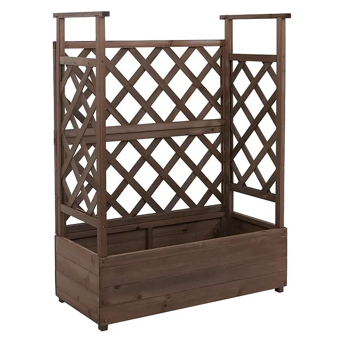 Hochbeet | HxBxT 114x85x44cm | Pflanz-/Blumenkasten Pflanzkübel Rankgitter Rankhilfe Spalier Holz FSC® | Braun -  - Dunkelbrauner hölzerner Pflanzkasten mit integriertem Spalier für Kletterpflanzen.