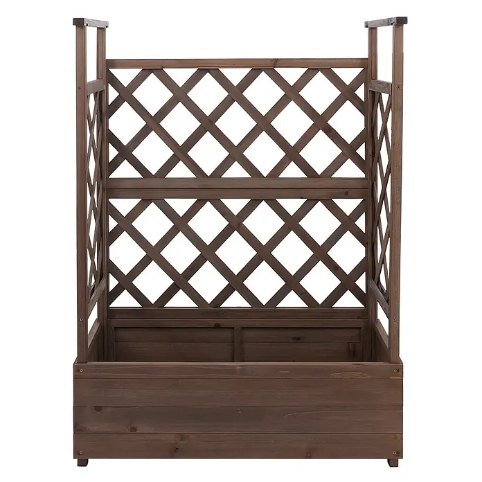 Hochbeet | HxBxT 114x85x44cm | Pflanz-/Blumenkasten Pflanzkübel Rankgitter Rankhilfe Spalier Holz FSC® | Braun -  - Dunkelbrauner Holzkübel mit integriertem Rankgitter für Kletterpflanzen.