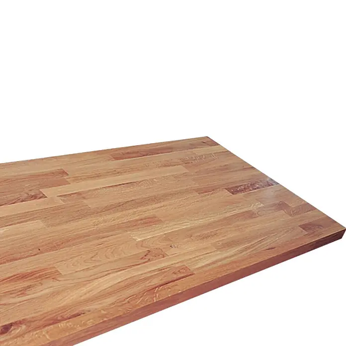 Exclusivholz Encimera - Roble, 260 x 63,5 x 2,6 cm - Primer plano de un panel de madera marrón claro que muestra una hermosa veta y una superficie lisa, ideal para la fabricación de muebles.