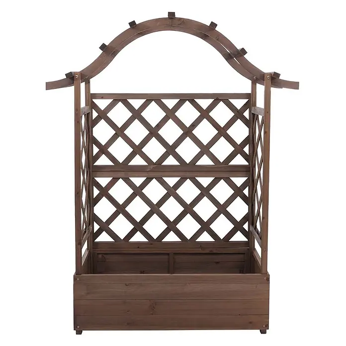 Hochbeet | HxBxT 138x110x44cm | Pflanz-/Blumenkasten | Braun | Pflanzkübel Rankgitter Rankhilfe Spalier Holz FSC® -  - Dunkelbrauner hölzerner Pflanzkasten mit integriertem Rankgitter und Bogenaufsatz.