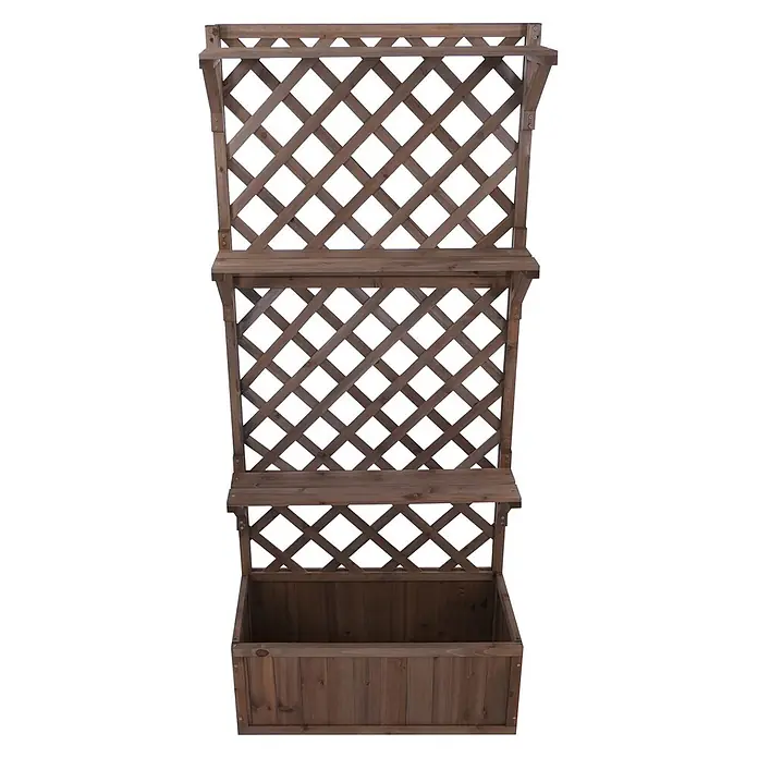 Hochbeet | HxBxT 177x77x33cm | Pflanz-/Blumenkasten | Braun | Pflanzkübel Rankgitter Spalier Ablagefläche Holz FSC® -  - Brauner hölzerner Pflanzkasten mit Spalier und zwei kleinen Ablagen für Pflanzen und Deko.