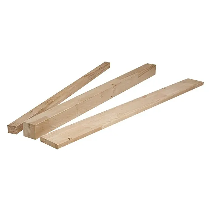 Regalstollen - Buche, 2.500 x 43 x 19 mm - Drei helle Holzbretter unterschiedlicher Größe liegen übereinander. Ideal für Bauprojekte, Heimwerkerarbeiten und kreative Bastelideen.