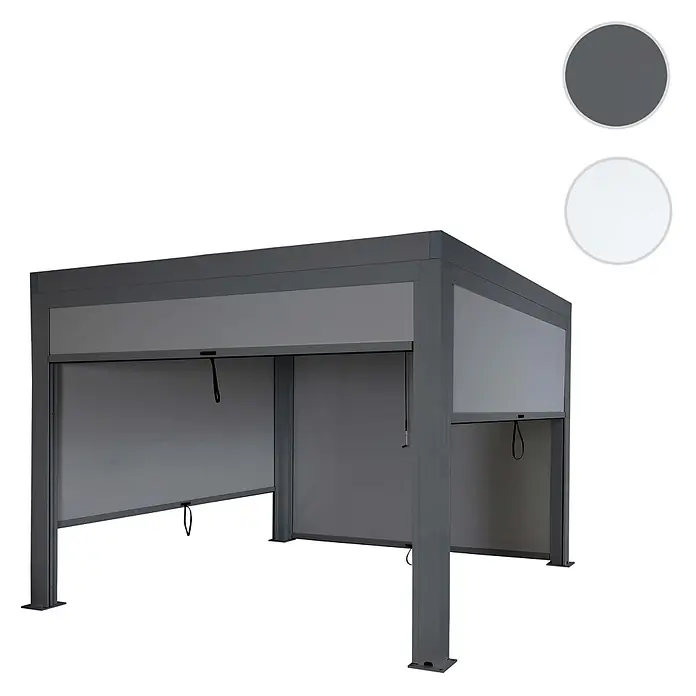 Berlinlodge Pergola mit Lamellendach - B x T: 300 x 300 cm, Farbe Gestell: Weiß, Metall - Dunkelgraue Pergola mit ausziehbaren Seitenwänden.