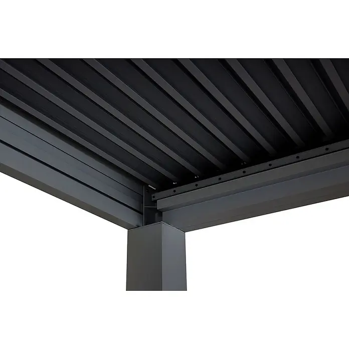 Pergola | HxBxT 220x400x300cm | Gartenpavillon Lamellen-Pavillon | Anthrazit | 11cm-Aluminium-Gestell | Regenrinne sturmfest -  - Unteransicht einer dunkelgrauen Metall-Pergola mit Lamellendach, Stützbalken und Eckpfosten.