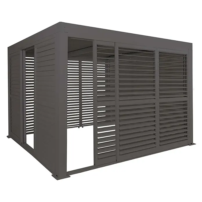 Alu Pergola | HxBxT 220x300x300cm | 6x Lamellenpaneel 6x Schiebetüren | 11cm-Gestell | Anthrazit | Pavillon Terrassenüberdachung -  - Dunkelgraue Lamellenpergola mit verschiebbaren Seitenwänden.