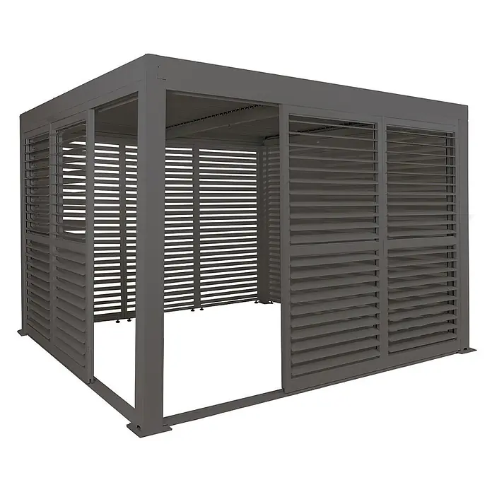 Alu Pergola | HxBxT 220x300x300cm | 6x Lamellenpaneel 6x Schiebetüren | 11cm-Gestell | Anthrazit | Pavillon Terrassenüberdachung -  - Dunkelgraue Metallpergola mit verstellbaren Lamellenwänden und Dach.