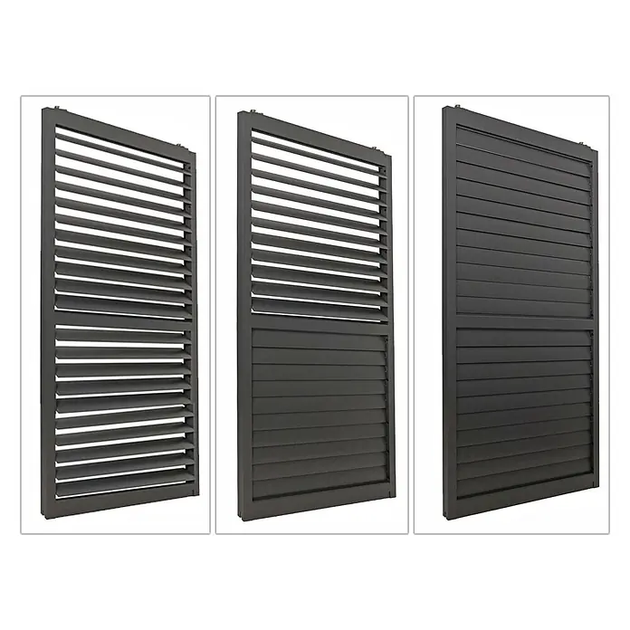 Alu Pergola | HxBxT 220x300x300cm | 6x Lamellenpaneel 6x Schiebetüren | 11cm-Gestell | Anthrazit | Pavillon Terrassenüberdachung -  - Dunkelgraue Lamellenpaneele mit verstellbaren Lamellen, offen, teilweise und vollständig geschlossen dargestellt, zur Demonstration von Sicht- und Lichtschutz.