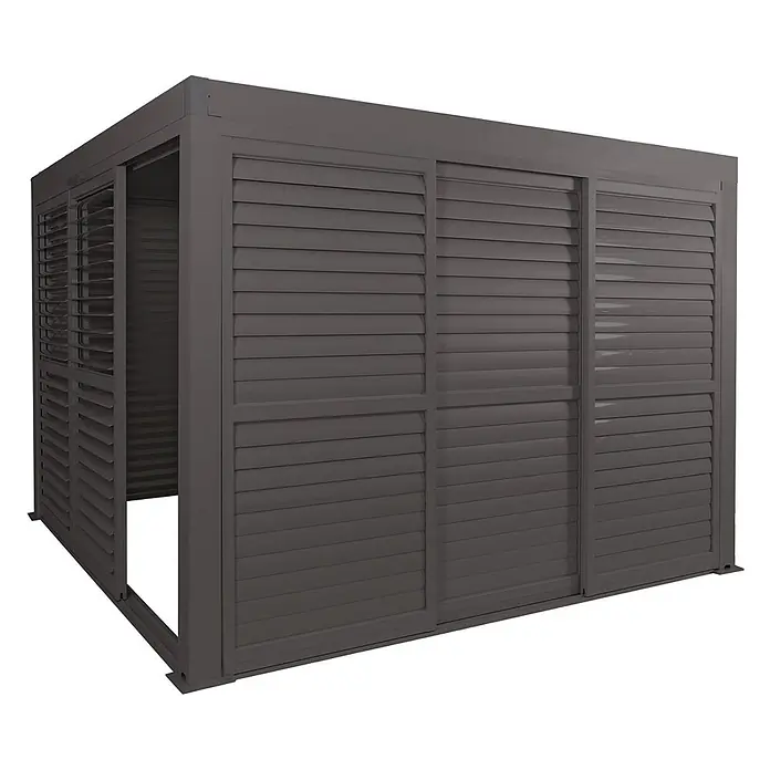 Alu Pergola | HxBxT 220x300x300cm | 6x Lamellenpaneel 6x Schiebetüren | 11cm-Gestell | Anthrazit | Pavillon Terrassenüberdachung -  - Dunkelgraue Lamellen-Pergola mit verschiebbaren Wandpaneelen.