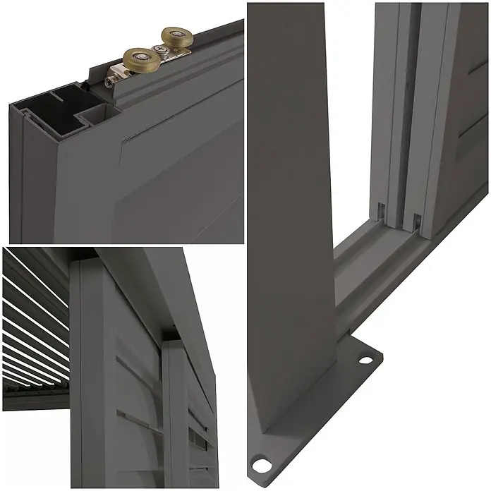 Alu Pergola | HxBxT 220x300x300cm | 6x Lamellenpaneel 6x Schiebetüren | 11cm-Gestell | Anthrazit | Pavillon Terrassenüberdachung -  - Detaillierte Ansicht eines grauen Aluminium-Lamellenpergola-Systems mit Schiebemechanismus, Rahmenprofilen, verstellbaren Lamellen und Grundplatte.