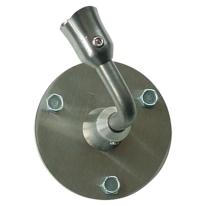Treba Frewa Wandhalter B11 - Edelstahl V2A, Mit Stifthalter - Nahaufnahme einer verstellbaren Wandleuchte aus Metall mit runder Basis und Schrauben. Das Licht hat einen gebogenen Hals und einen Sockel für eine Glühbirne.