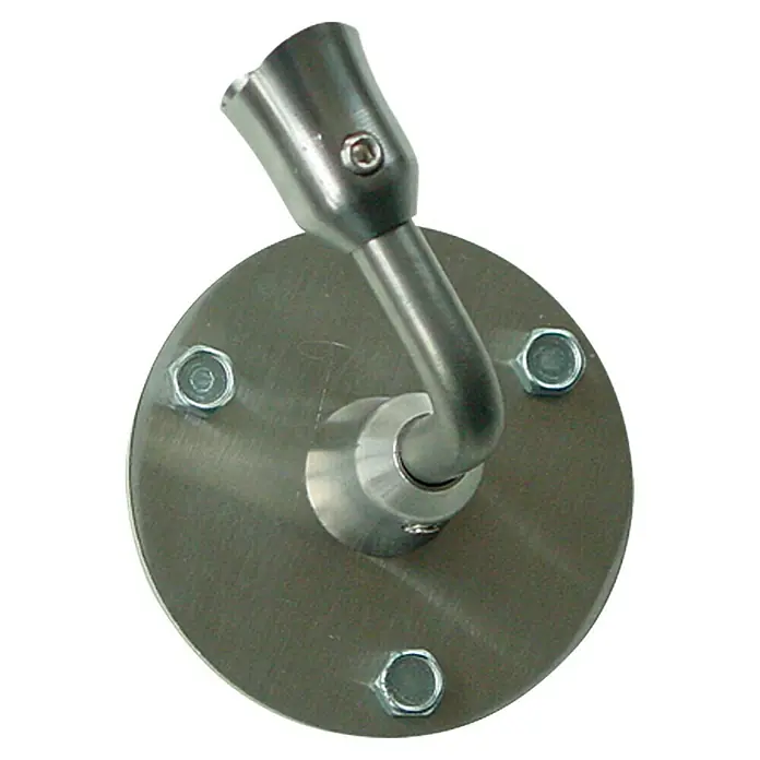 Treba Frewa Wandhalter B11 - Edelstahl V2A, Mit Stifthalter - Nahaufnahme einer verstellbaren Wandleuchte aus Metall mit runder Basis und Schrauben. Das Licht hat einen gebogenen Hals und einen Sockel für eine Glühbirne.