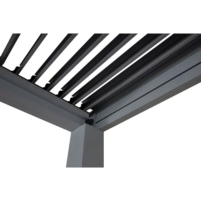 Pergola | HxBxT 220x300x300cm | Gartenpavillon Lamellen-Pavillon | Anthrazit | 10cm-Aluminium-Gestell | Regenrinne sturmfest -  - Nahaufnahme einer grauen Aluminium-Pergola-Ecke mit verstellbaren Lamellen.