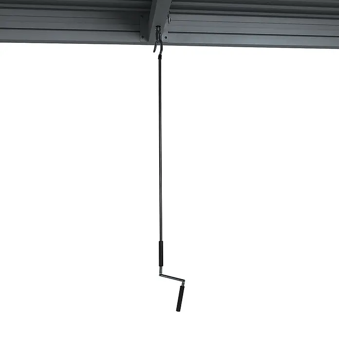 Pergola | HxBxT 220x400x300cm | Gartenpavillon Lamellen-Pavillon | Anthrazit | 11cm-Aluminium-Gestell | Regenrinne sturmfest -  - Dunkle Kurbelstange mit Haken für manuelle Deckenbedienung, an grauer Metallstruktur befestigt.