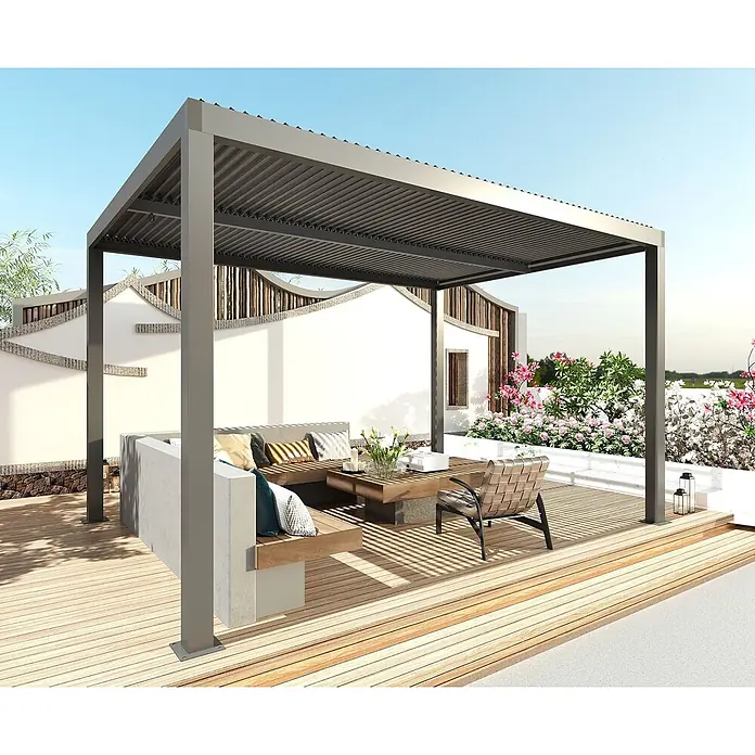 Pergola | HxBxT 220x300x300cm | Gartenpavillon Lamellen-Pavillon | Anthrazit | 10cm-Aluminium-Gestell | Regenrinne sturmfest -  - Eine moderne graue Lamellenpergola über einem Sitzbereich auf einer Holzterrasse.