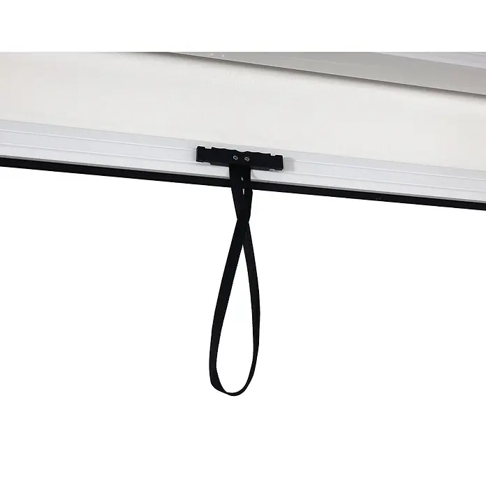 Berlinlodge Pergola mit Lamellendach - B x T: 300 x 300 cm, Farbe Gestell: Weiß, Metall - Schwarzes Band an einer schwarzen Halterung an einem weißen Rahmen, wahrscheinlich für eine Leinwand oder Markise.