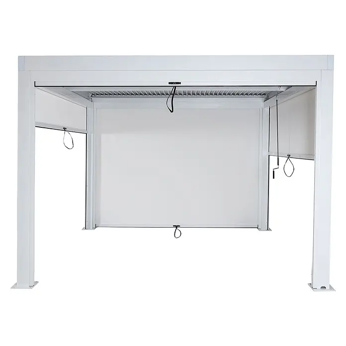 Berlinlodge Pergola mit Lamellendach - B x T: 300 x 300 cm, Farbe Gestell: Weiß, Metall - Weiße Aluminium-Pergola mit verstellbaren weißen Seitenrollos für Schatten und Sichtschutz.
