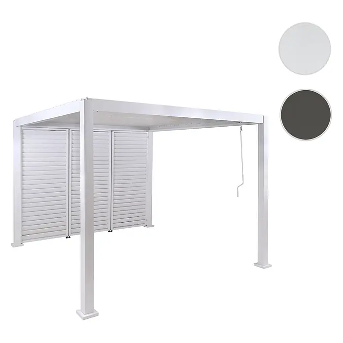 Berlinlodge Pergola mit Lamellendach - B x T: 300 x 300 cm, Farbe Gestell: Weiß, Metall - Weiße Pergola mit verstellbarem Lamellendach und Lamellen-Seitenwänden.