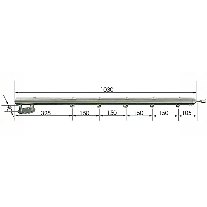 Treba Frewa Geländerstab MegaTec E1 - Schrauben, Edelstahl V2A, Länge: 1.030 mm - Abbildung einer Duschrinne mit Maßangaben, die die Gesamtlänge und Abstände zwischen den Montagepunkten zeigen.