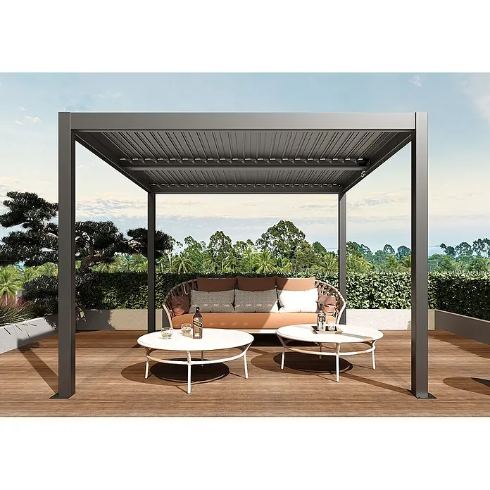 Pergola | HxBxT 220x400x300cm | Gartenpavillon Lamellen-Pavillon | Anthrazit | 11cm-Aluminium-Gestell | Regenrinne sturmfest -  - Dunkelgraue Aluminium-Pergola mit verstellbarem Lamellendach, überdacht eine moderne Außensitzgruppe auf Holzterrasse.