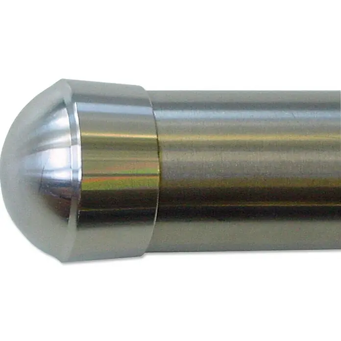 Treba Frewa Endkappe E8 - Edelstahl V2A, Geeignet für: Metallhandlauf Ø 42,4 x 2 mm - Nahaufnahme einer stilvollen Gardinenstangen-Endkappe aus gebürstetem Metall, die ein elegantes Detail für die Fensterdekoration darstellt.